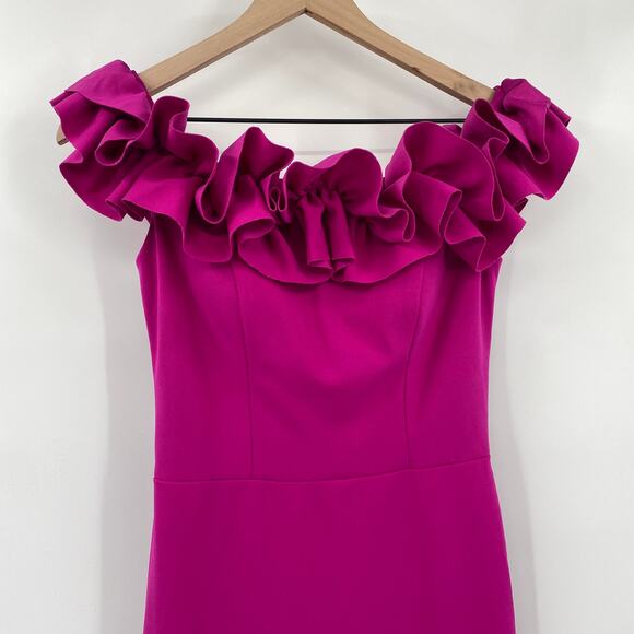 Xscape Ruffled Off Shoulder Gown Crepe High Leg Slit Maxi Dress Magenta Pink 2 - Picture 4 of 8